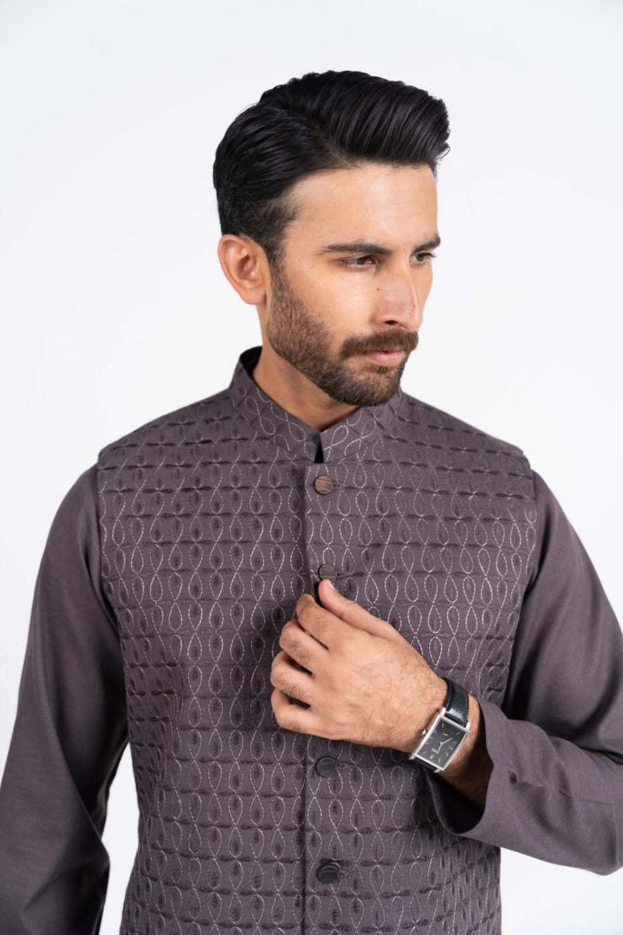 Slate Grey Jacquard 3-Piece Kurta Set | Woven Texture Waistcoat