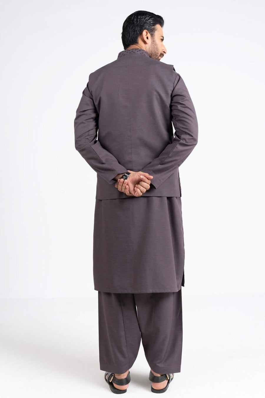 Slate Grey Jacquard 3-Piece Kurta Set | Woven Texture Waistcoat