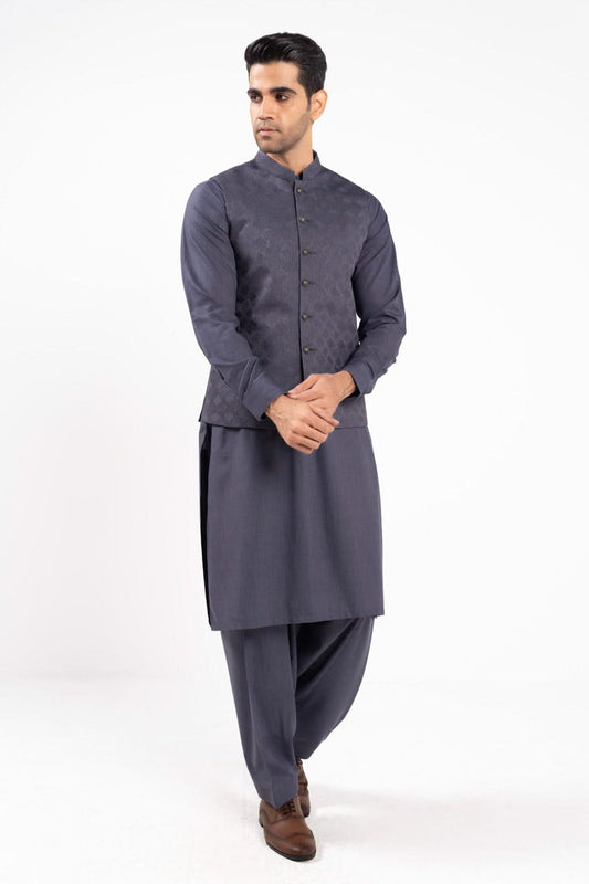 Slate Blue Wool-Blend 2-Piece Kurta | Band Collar
