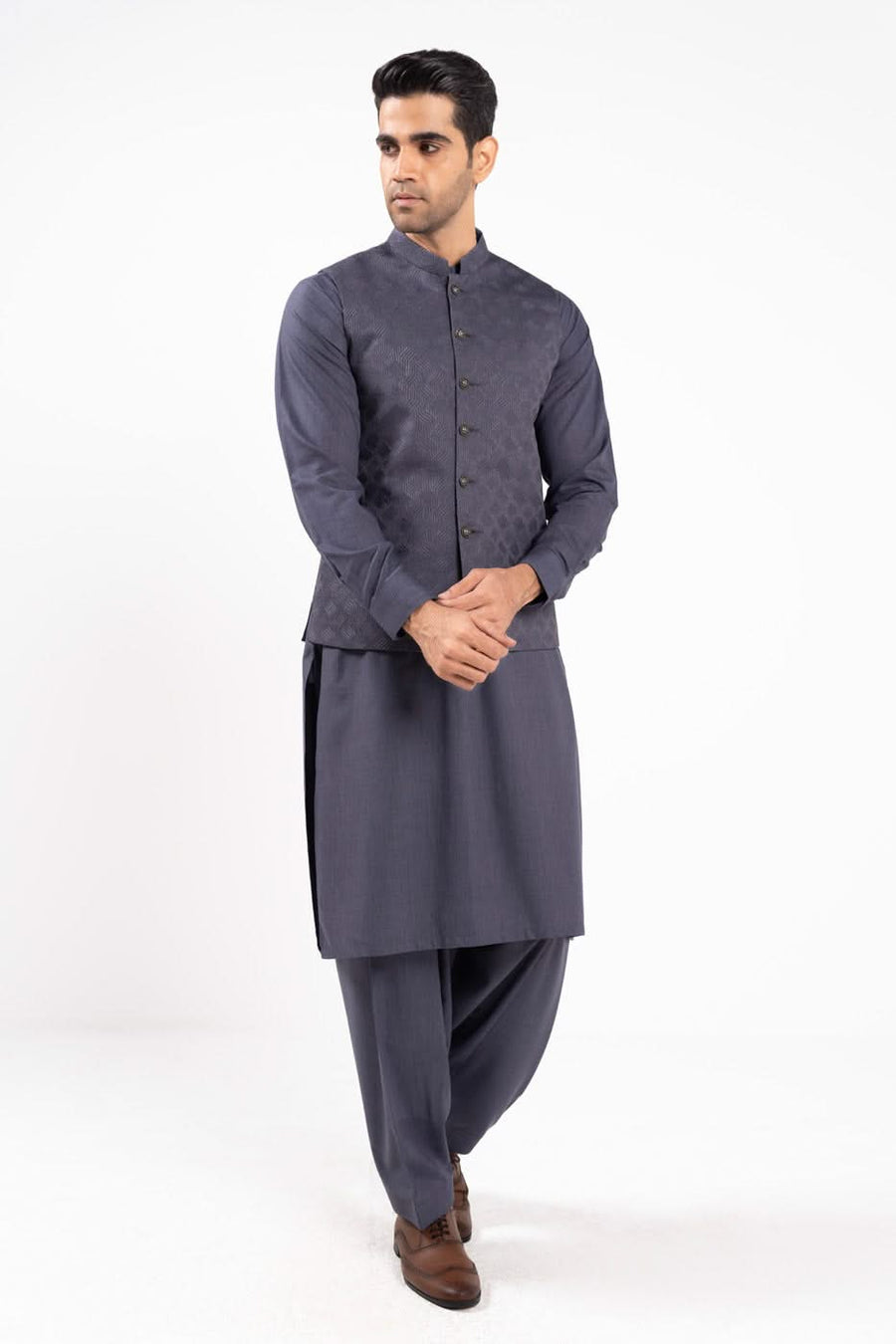 Slate Blue Wool-Blend 2-Piece Kurta | Band Collar