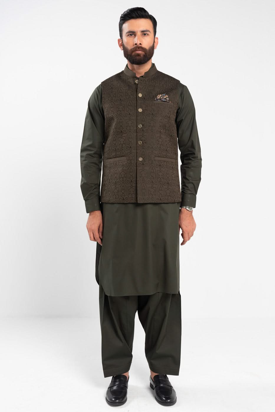 Olive Jacquard 3-Piece Kurta Set | Ornamental Waistcoat