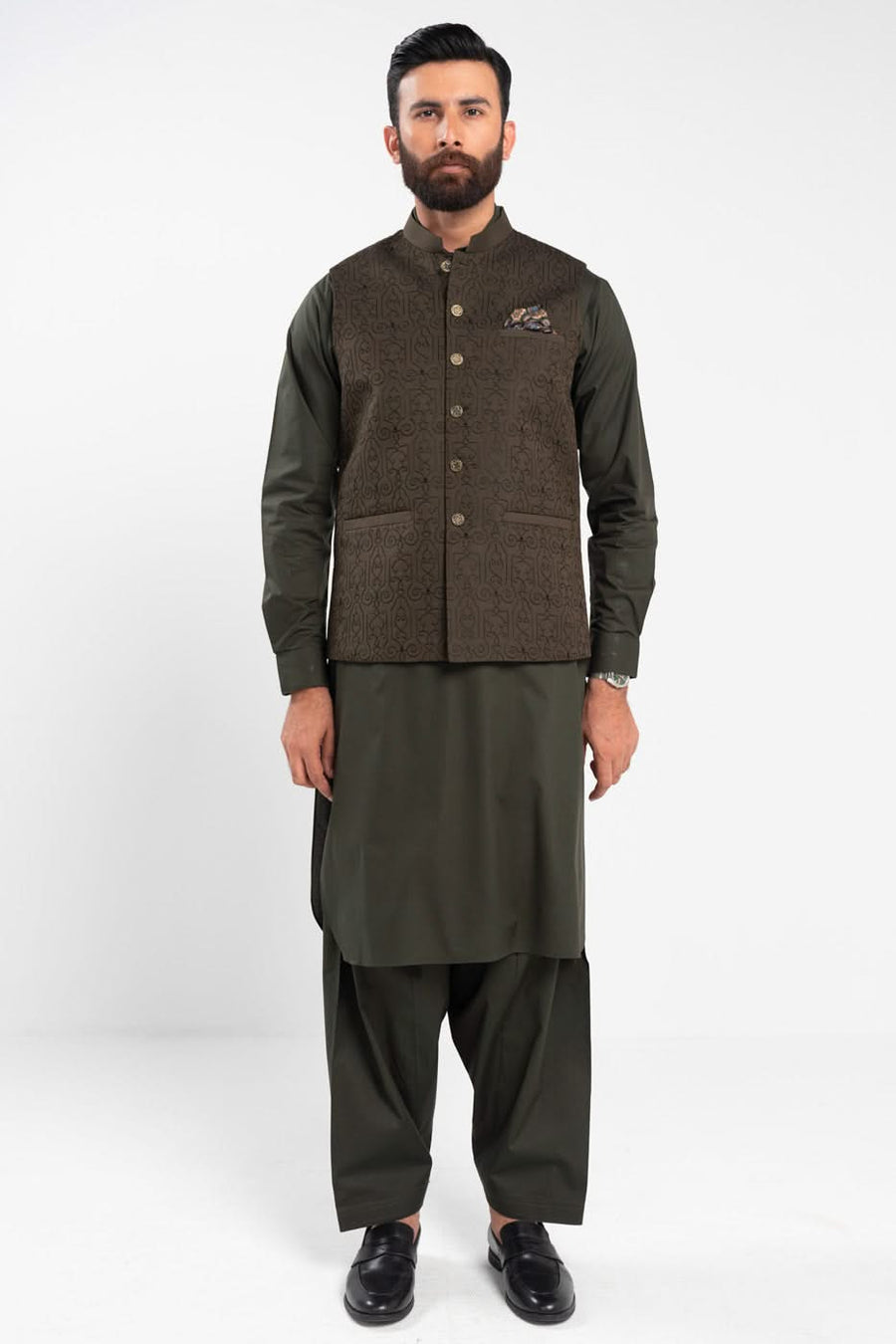 Olive Jacquard 3-Piece Kurta Set | Ornamental Waistcoat