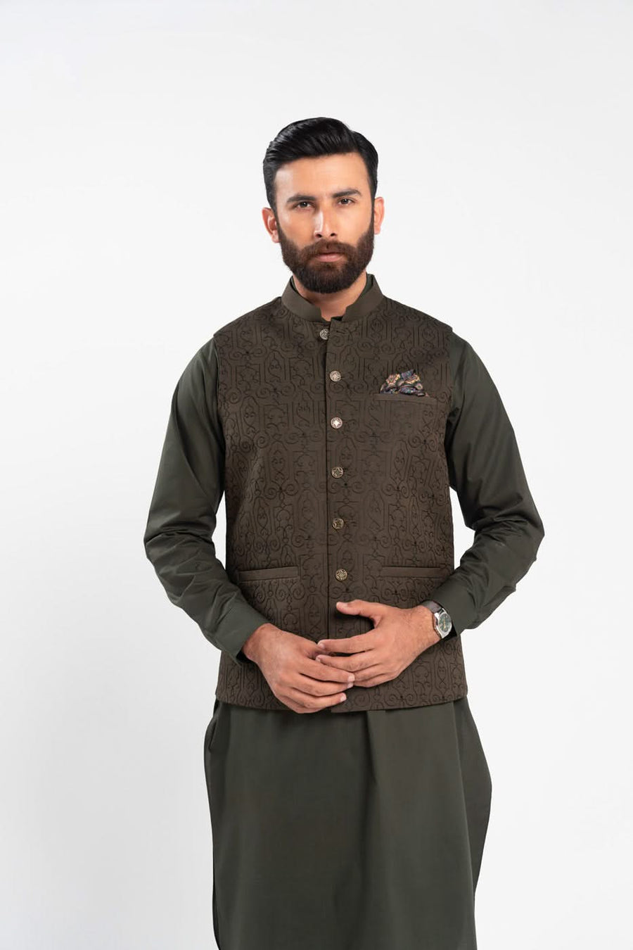 Olive Jacquard 3-Piece Kurta Set | Ornamental Waistcoat