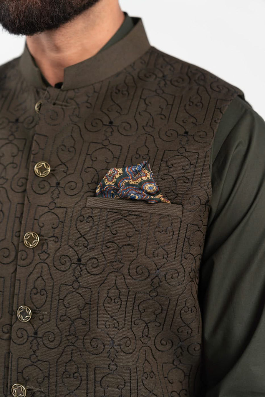 Olive Jacquard 3-Piece Kurta Set | Ornamental Waistcoat