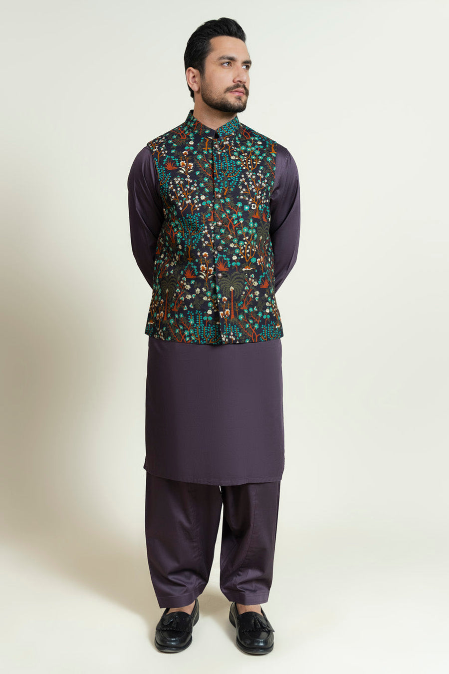 Teal Khaddar 3-Piece Suit | Floral Resham Embroidery Waistcoat