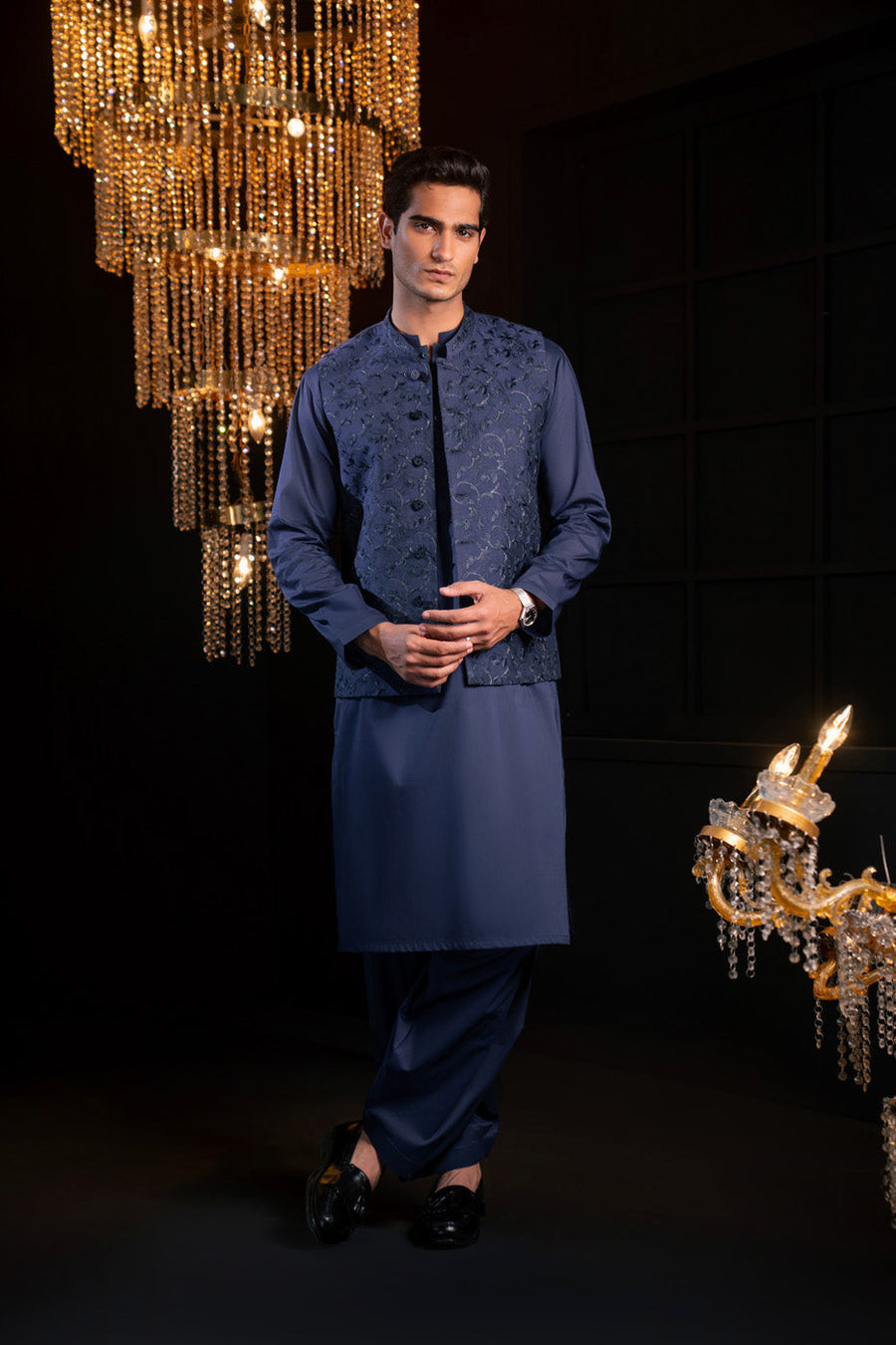 Slate Blue Raw Silk 3-Piece Kurta | Zardosi Band Collar