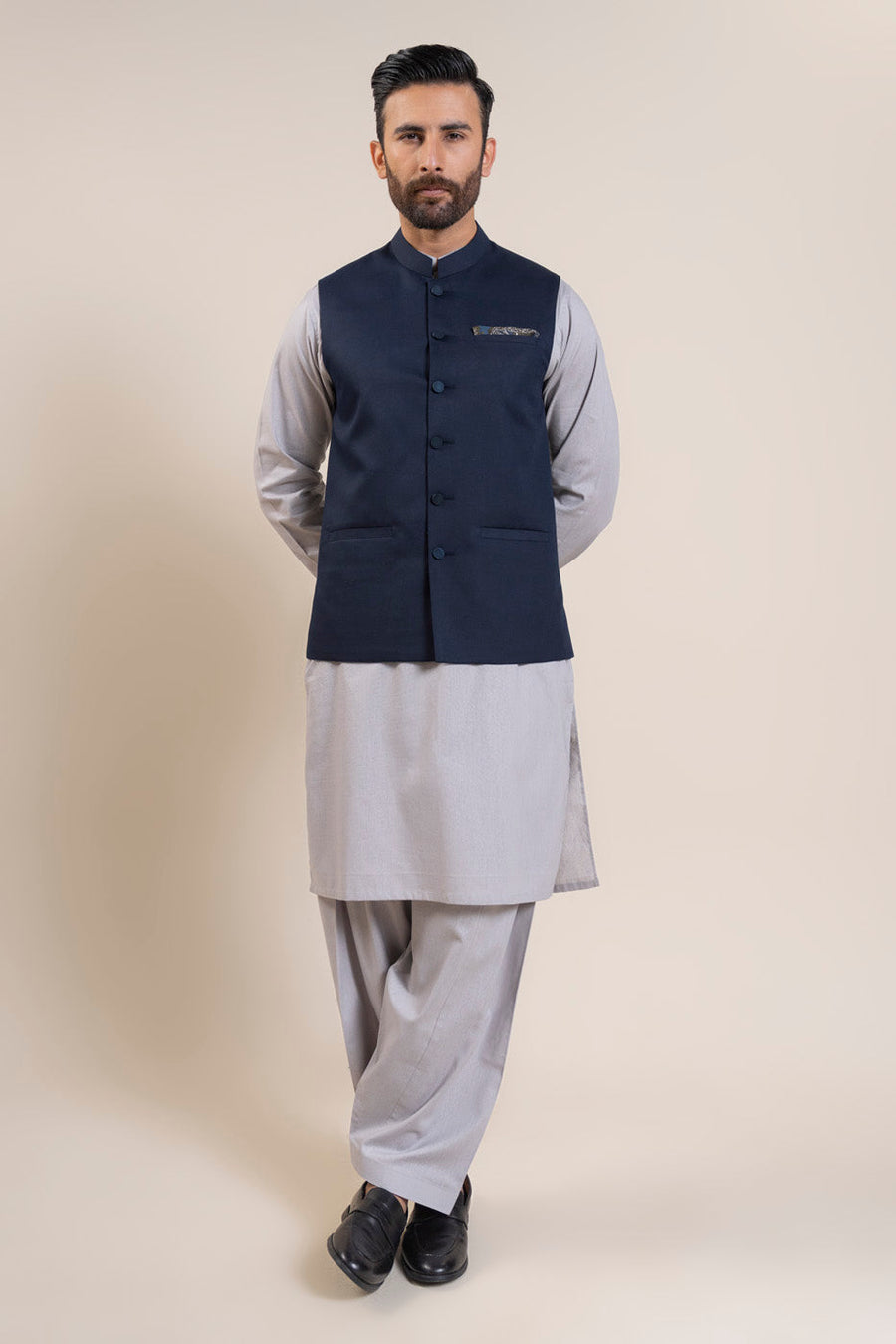 Midnight Navy Wool 2-Piece Waistcoat Set | Band Collar
