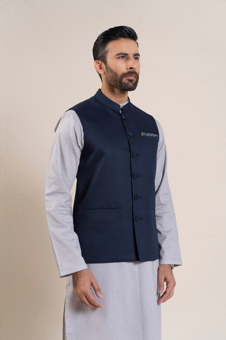 Midnight Navy Wool 2-Piece Waistcoat Set | Band Collar