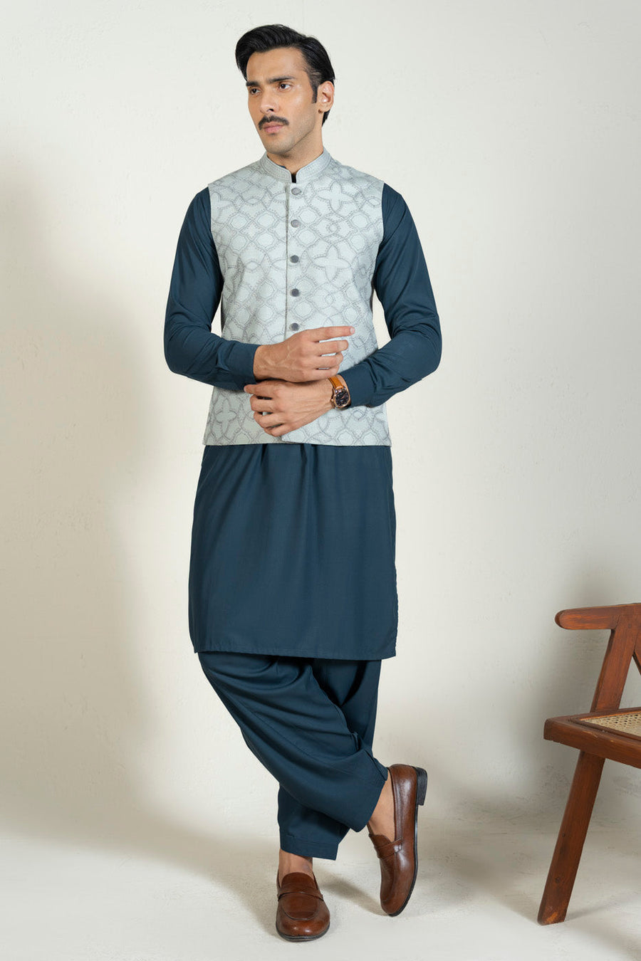 Sage Jacquard 3-Piece Kurta Set | Geometric Embroidered Waistcoat