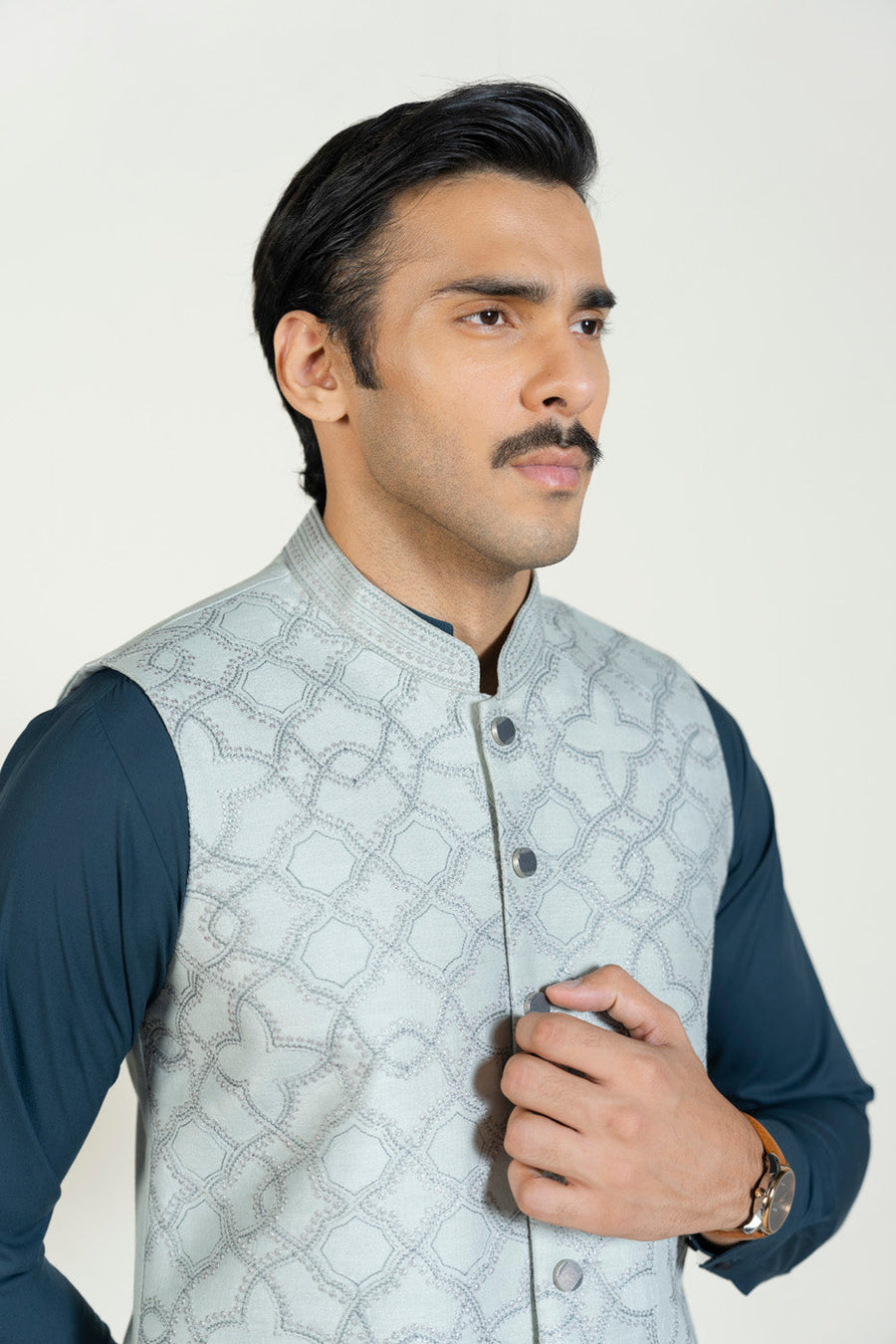 Sage Jacquard 3-Piece Kurta Set | Geometric Embroidered Waistcoat