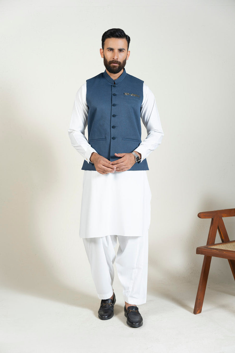Slate Blue Silk-Wool 3-Piece Kurta Set | Tilla Embroidered Vest