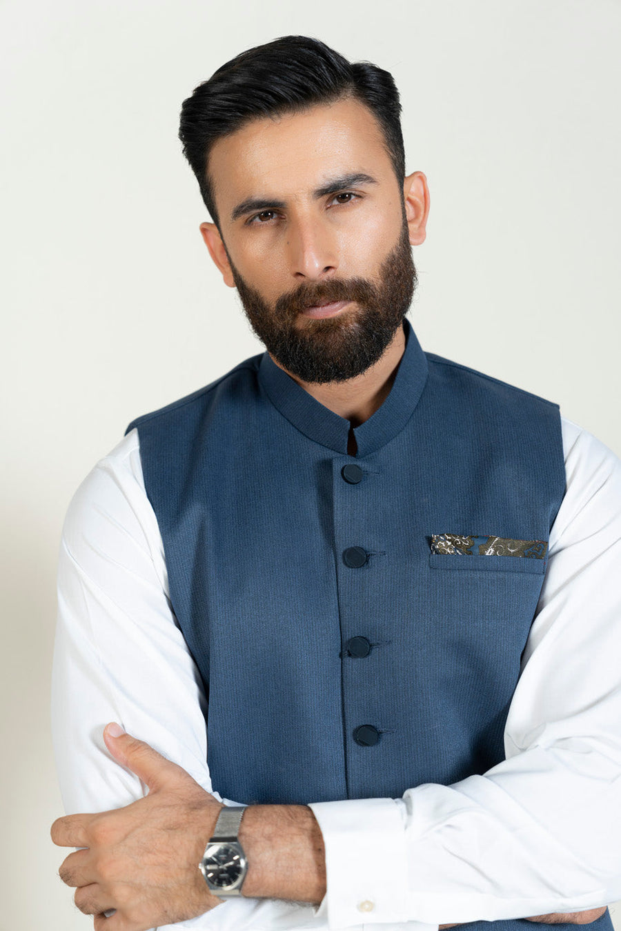 Slate Blue Silk-Wool 3-Piece Kurta Set | Tilla Embroidered Vest