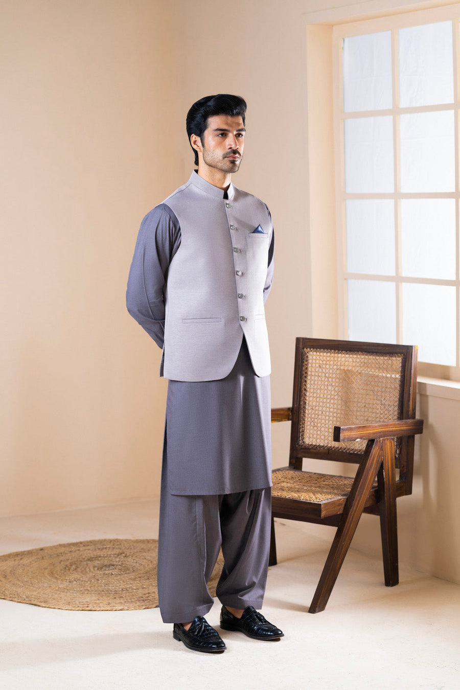 Slate Blue Merino Wool 3-Piece Suit | Band Collar Waistcoat