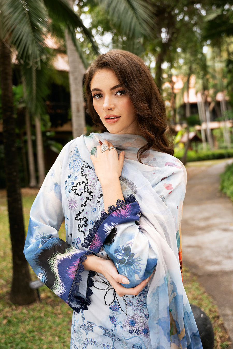 Ice Bloom Embroidered Lawn 3-Piece Suit with Printed Chiffon Dupatta - Pehnaawaa