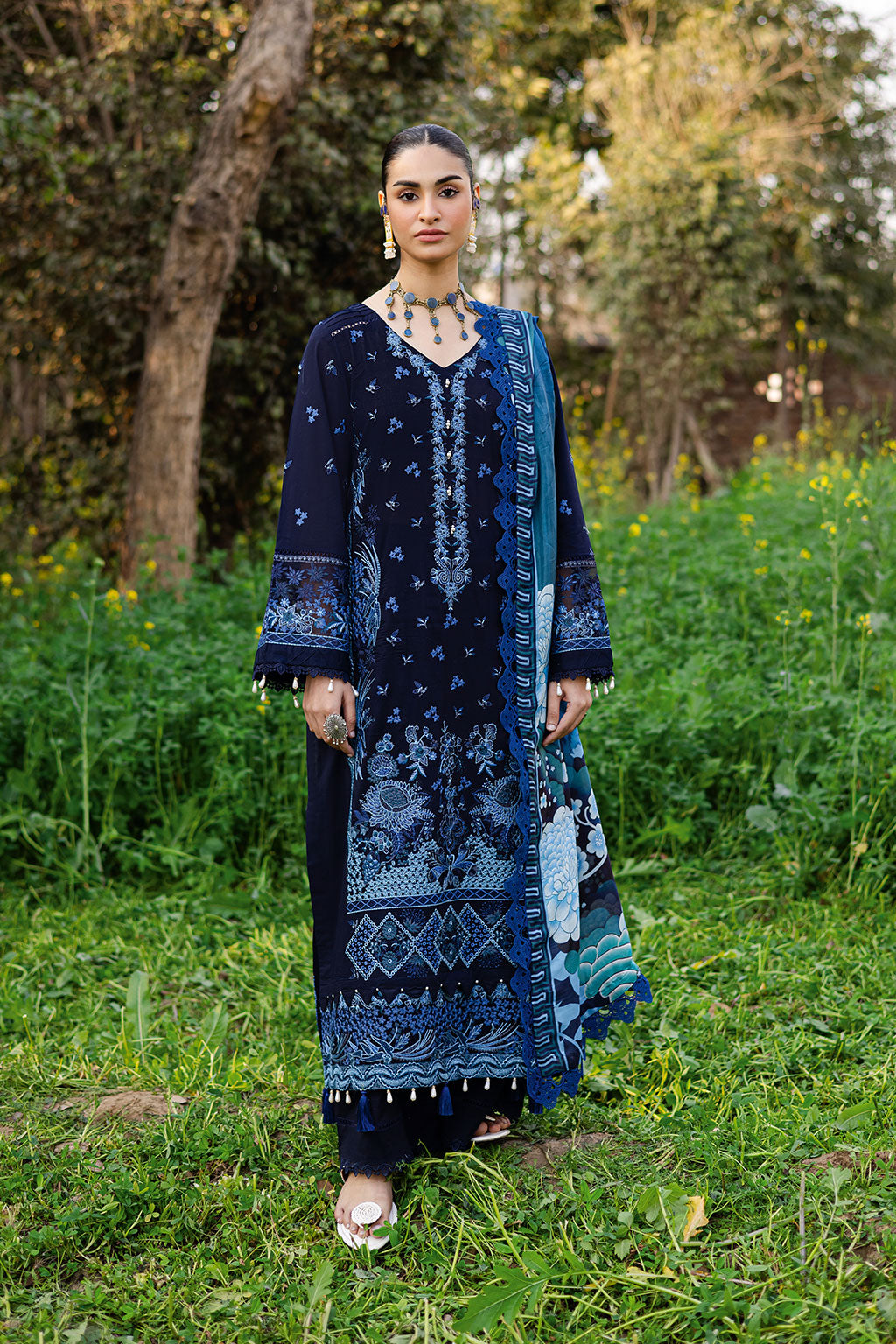 Midnight Sapphire Embroidered Lawn 3-Piece Suit with Digital Printed Silk Dupatta