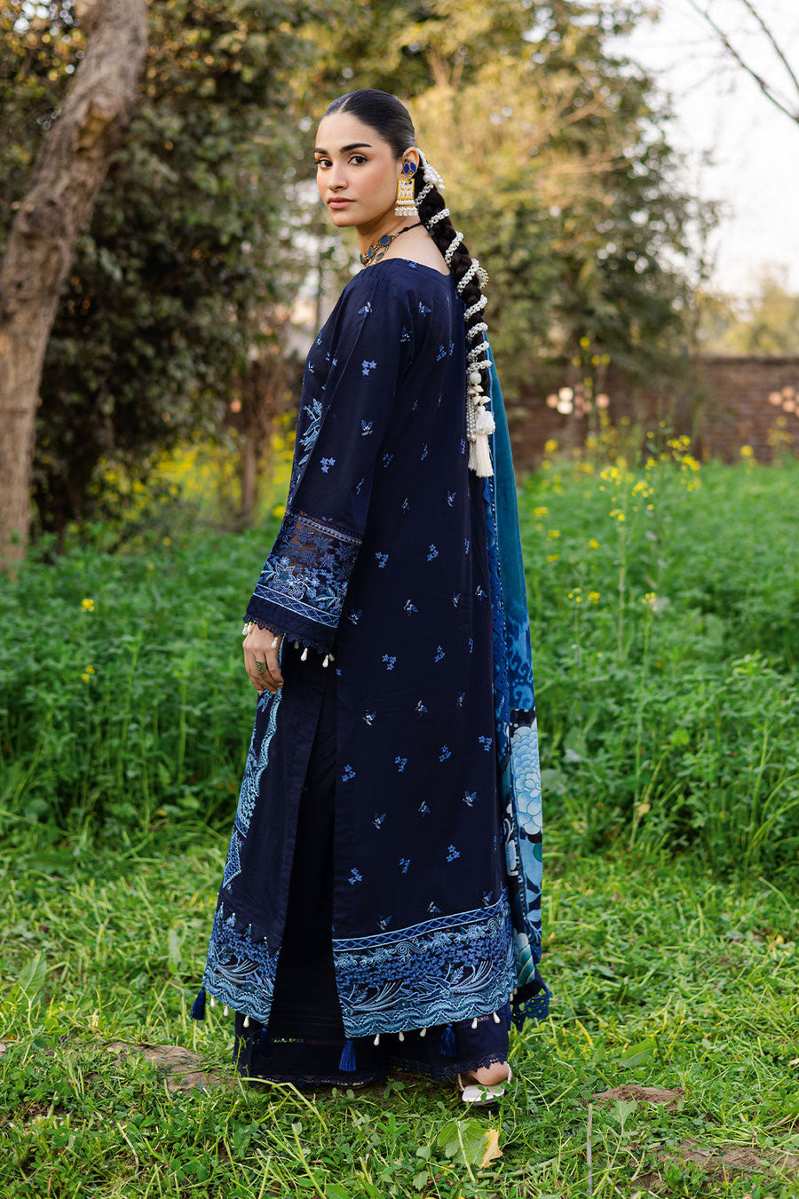Midnight Sapphire Embroidered Lawn 3-Piece Suit with Digital Printed Silk Dupatta - Pehnaawaa