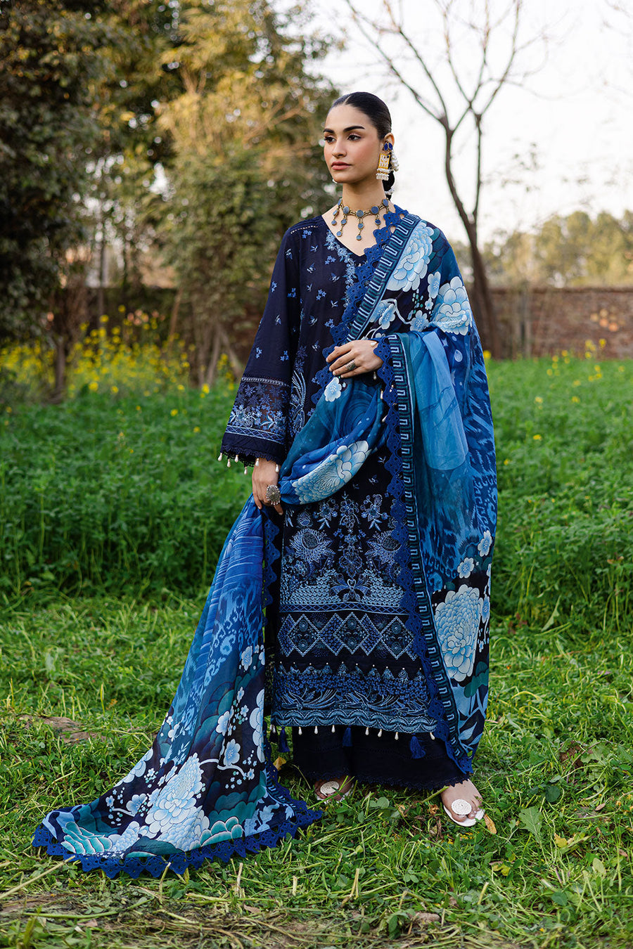 Midnight Sapphire Embroidered Lawn 3-Piece Suit with Digital Printed Silk Dupatta - Pehnaawaa