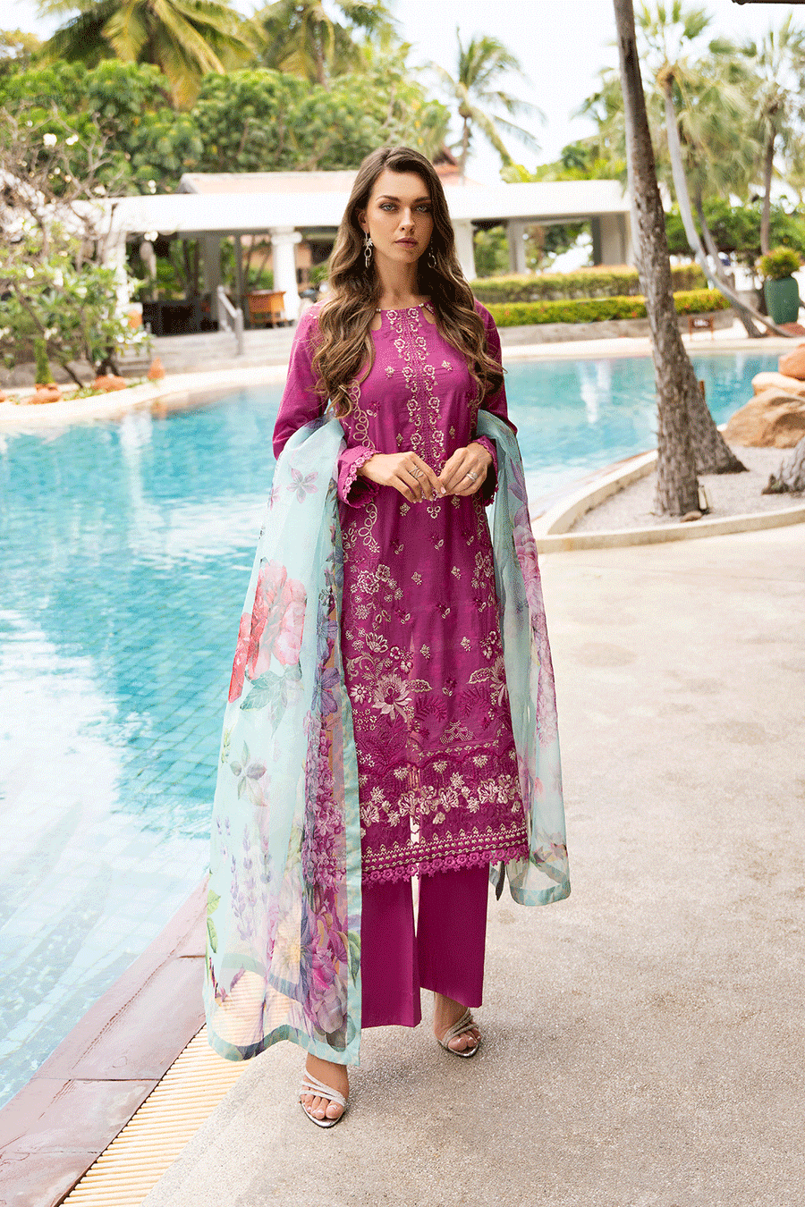 Berry Blossom Embroidered Lawn 3-Piece Suit with Printed Organza Dupatta - Pehnaawaa