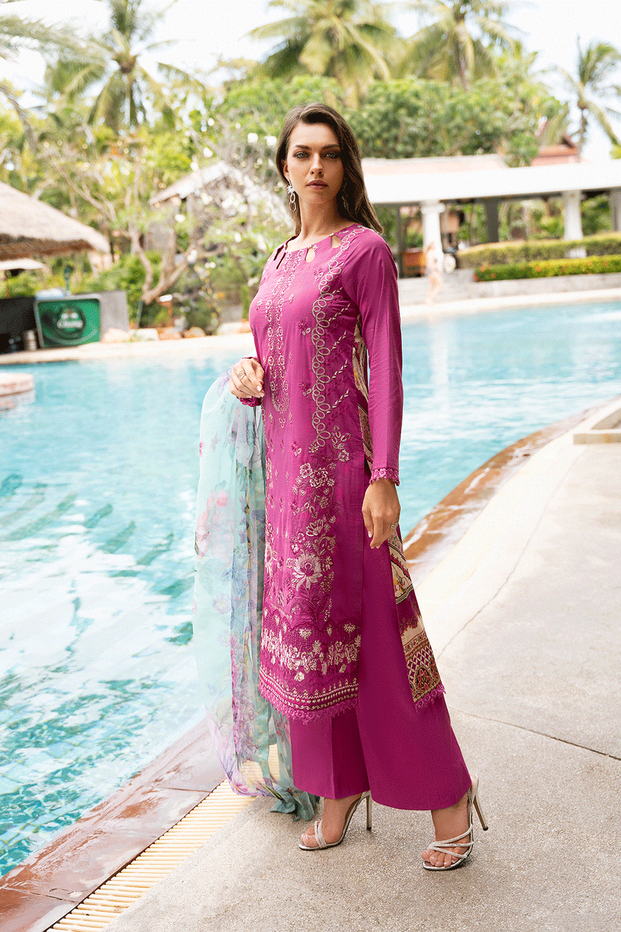 Berry Blossom Embroidered Lawn 3-Piece Suit with Printed Organza Dupatta - Pehnaawaa