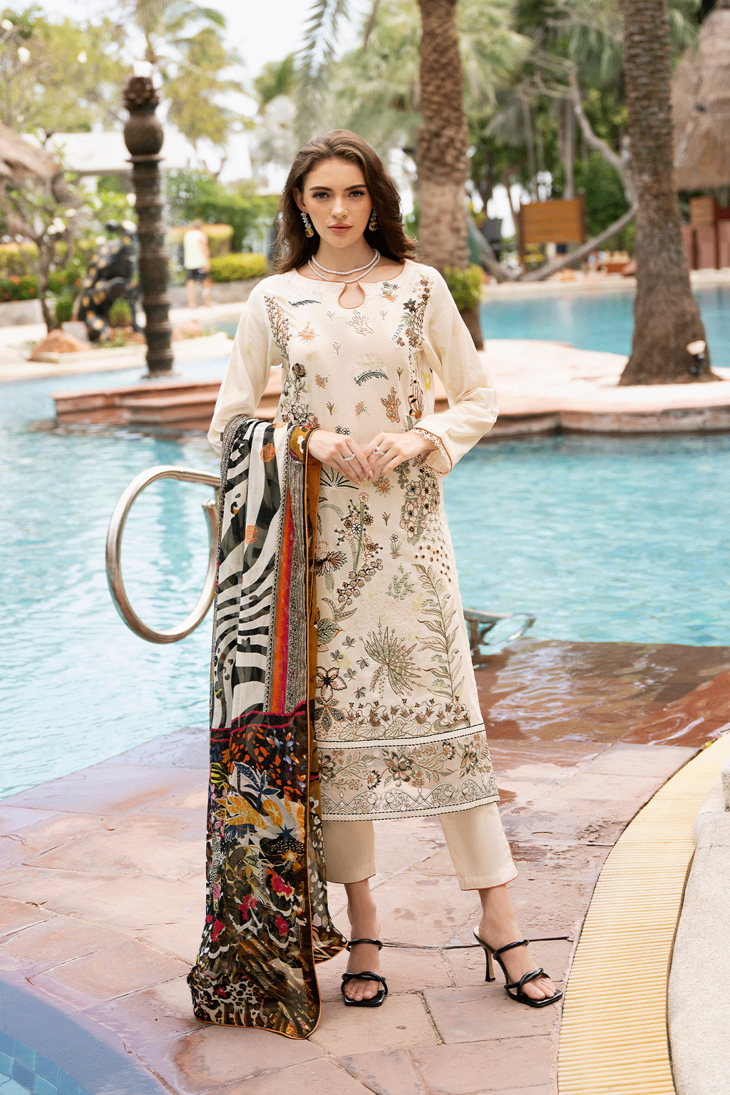 Ivory Meadow Embroidered Lawn 3-Piece Suit with Printed Chiffon Dupatta