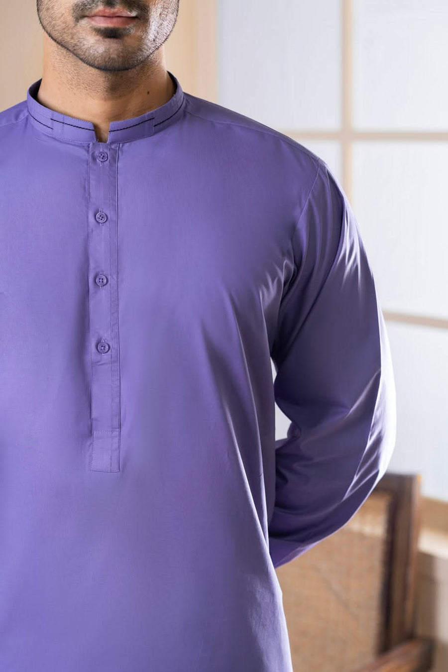 Periwinkle Cotton 2-Piece Kurta | Band Collar Slim Fit