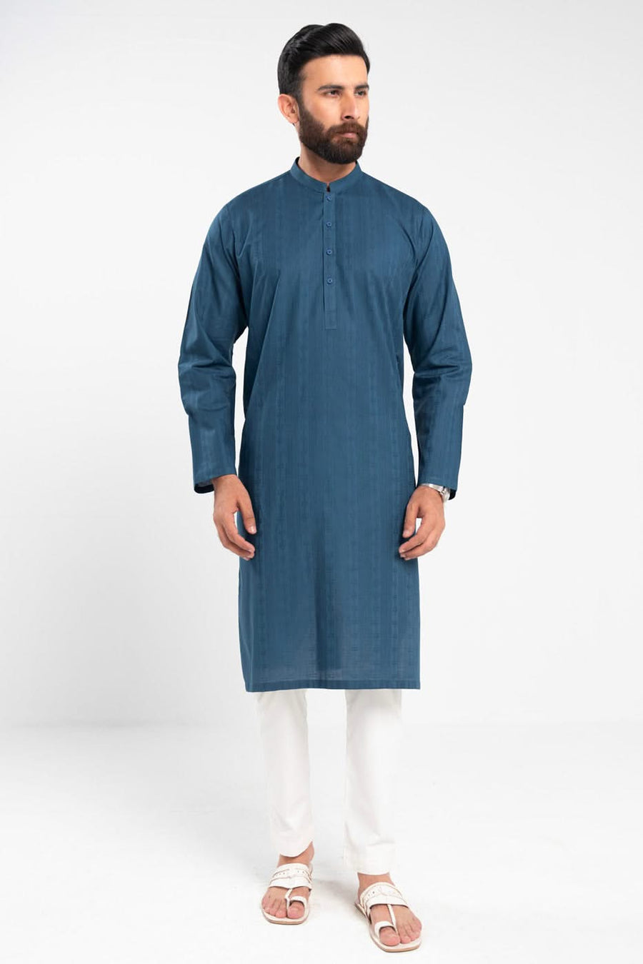 Slate Blue Jacquard Cotton 2-Piece Kurta | Band Collar