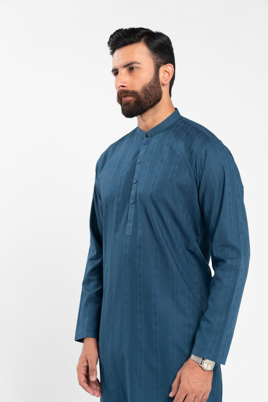 Slate Blue Jacquard Cotton 2-Piece Kurta | Band Collar