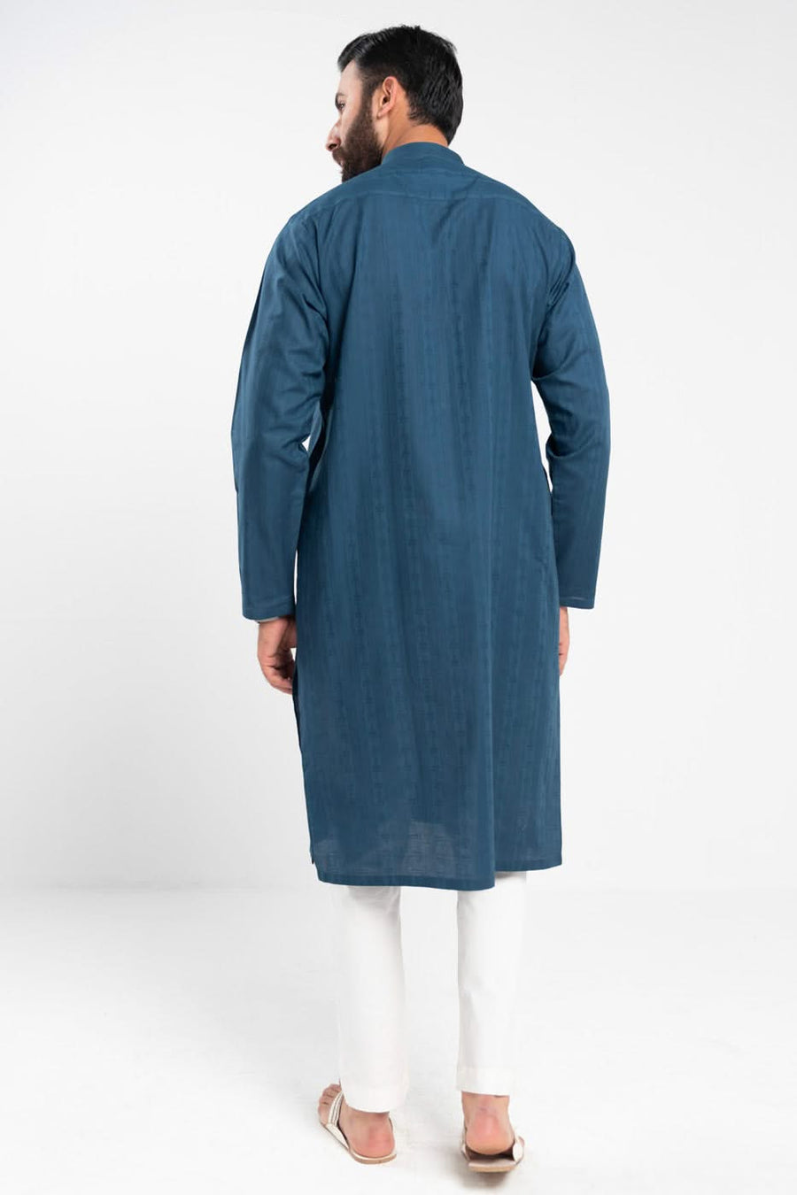 Slate Blue Jacquard Cotton 2-Piece Kurta | Band Collar