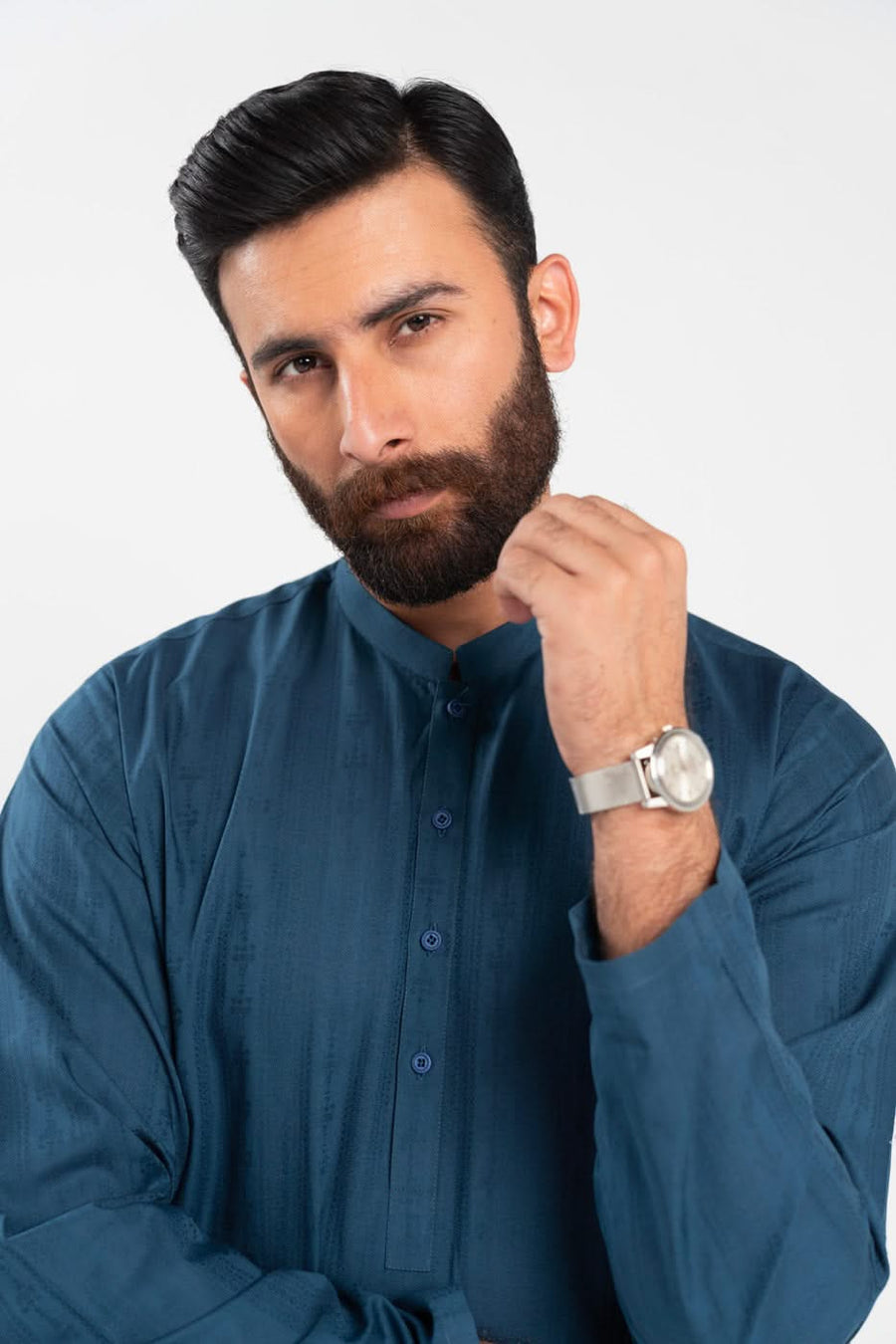 Slate Blue Jacquard Cotton 2-Piece Kurta | Band Collar