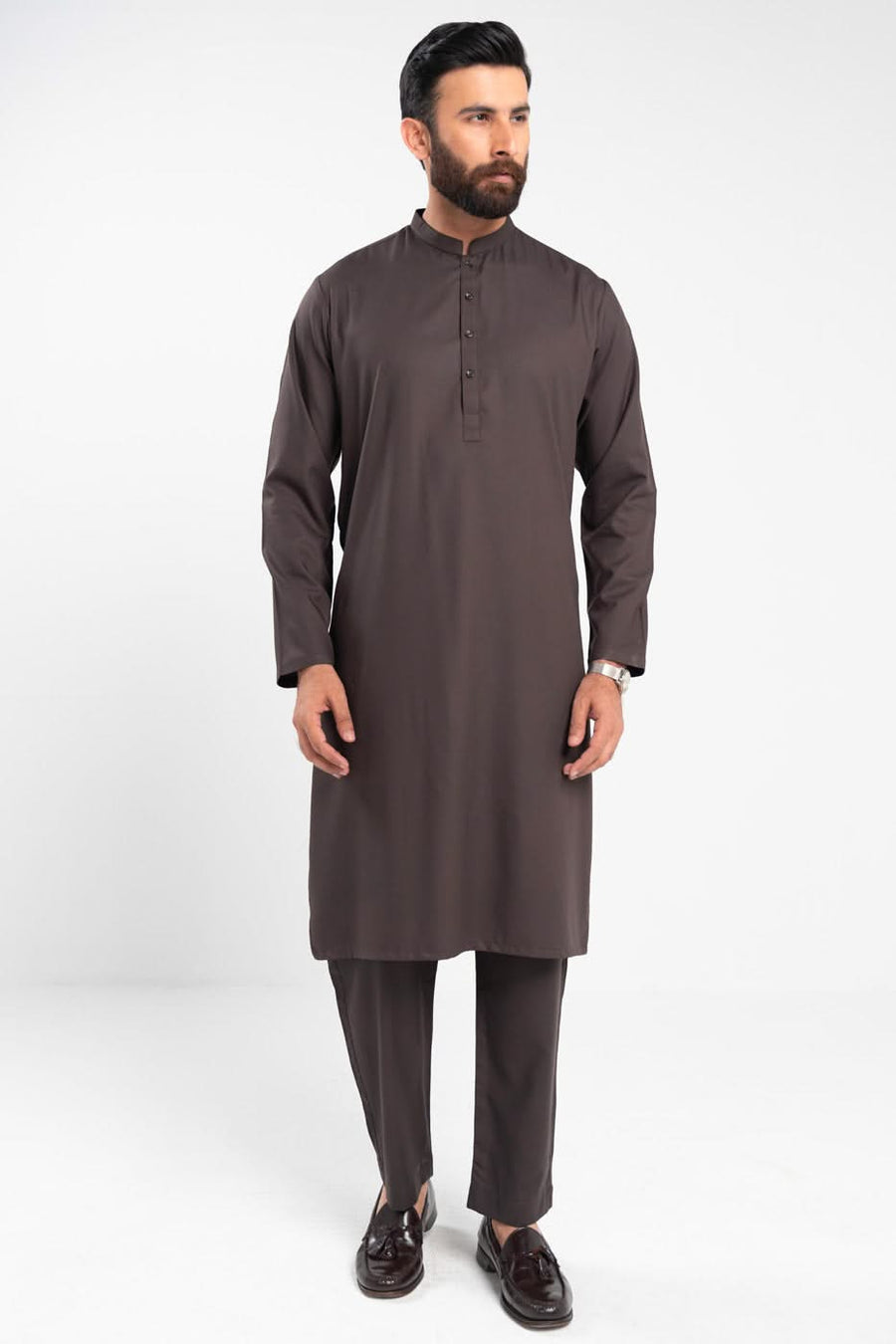 Chocolate Brown Silk Jacquard 2-Piece Kurta | Band Collar