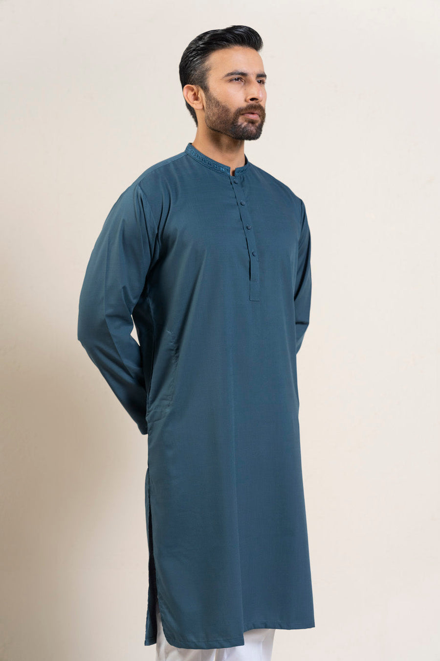 Slate Blue Silk Blend 2-Piece Kurta | Band Collar