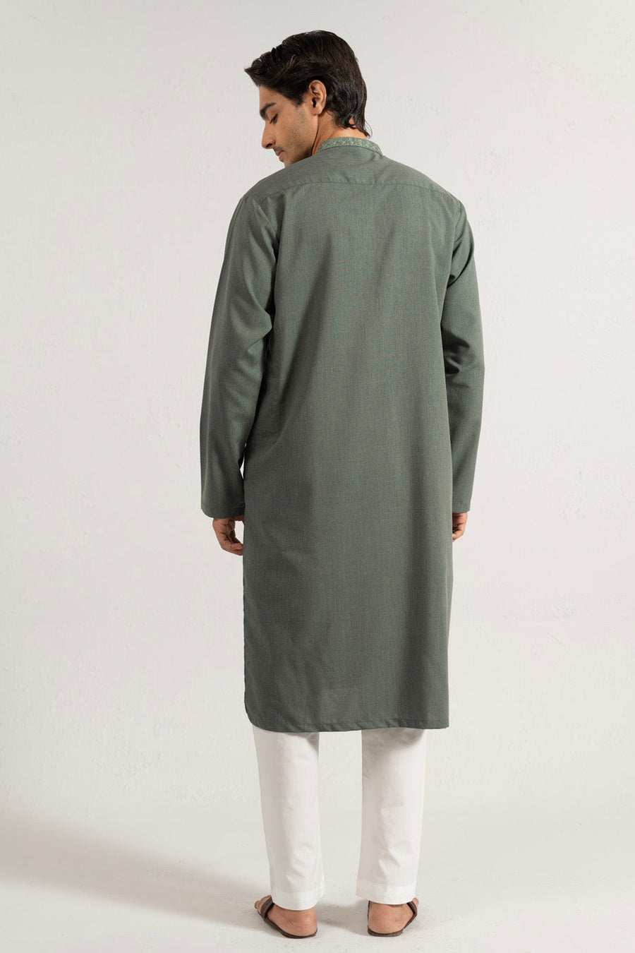 Sage Green Linen 2-Piece Kurta | Band Collar Slim Fit