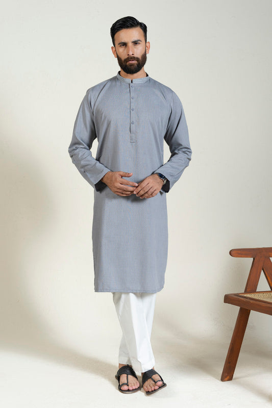 Slate Blue Silk Blend 2-Piece Kurta | Band Collar