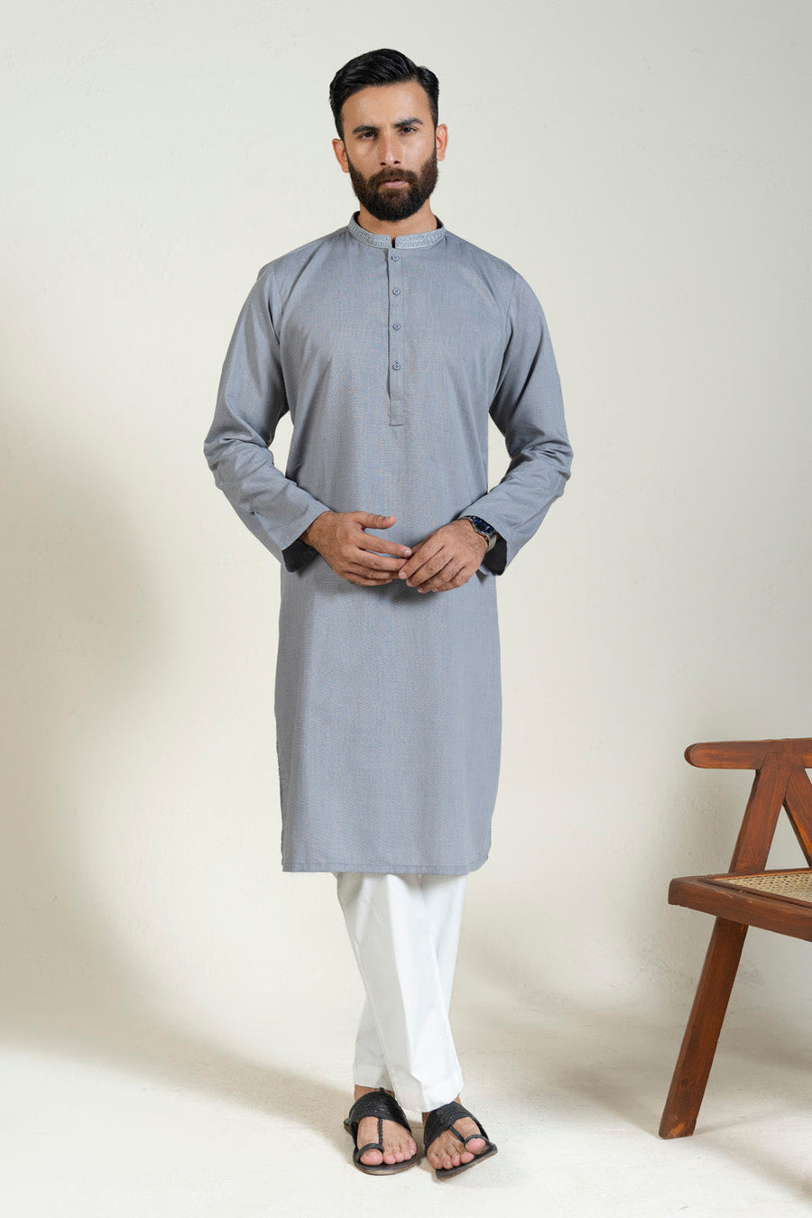 Slate Blue Silk Blend 2-Piece Kurta | Band Collar