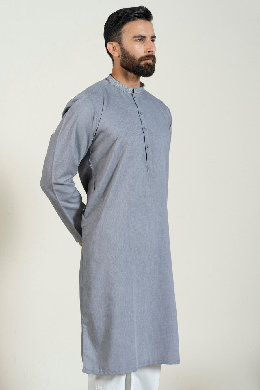 Slate Blue Silk Blend 2-Piece Kurta | Band Collar