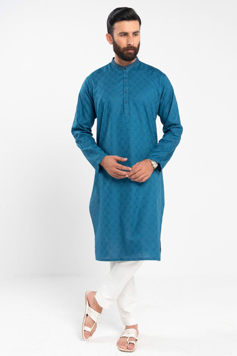 Teal Jacquard 2-Piece Kurta | Band Collar Artisan