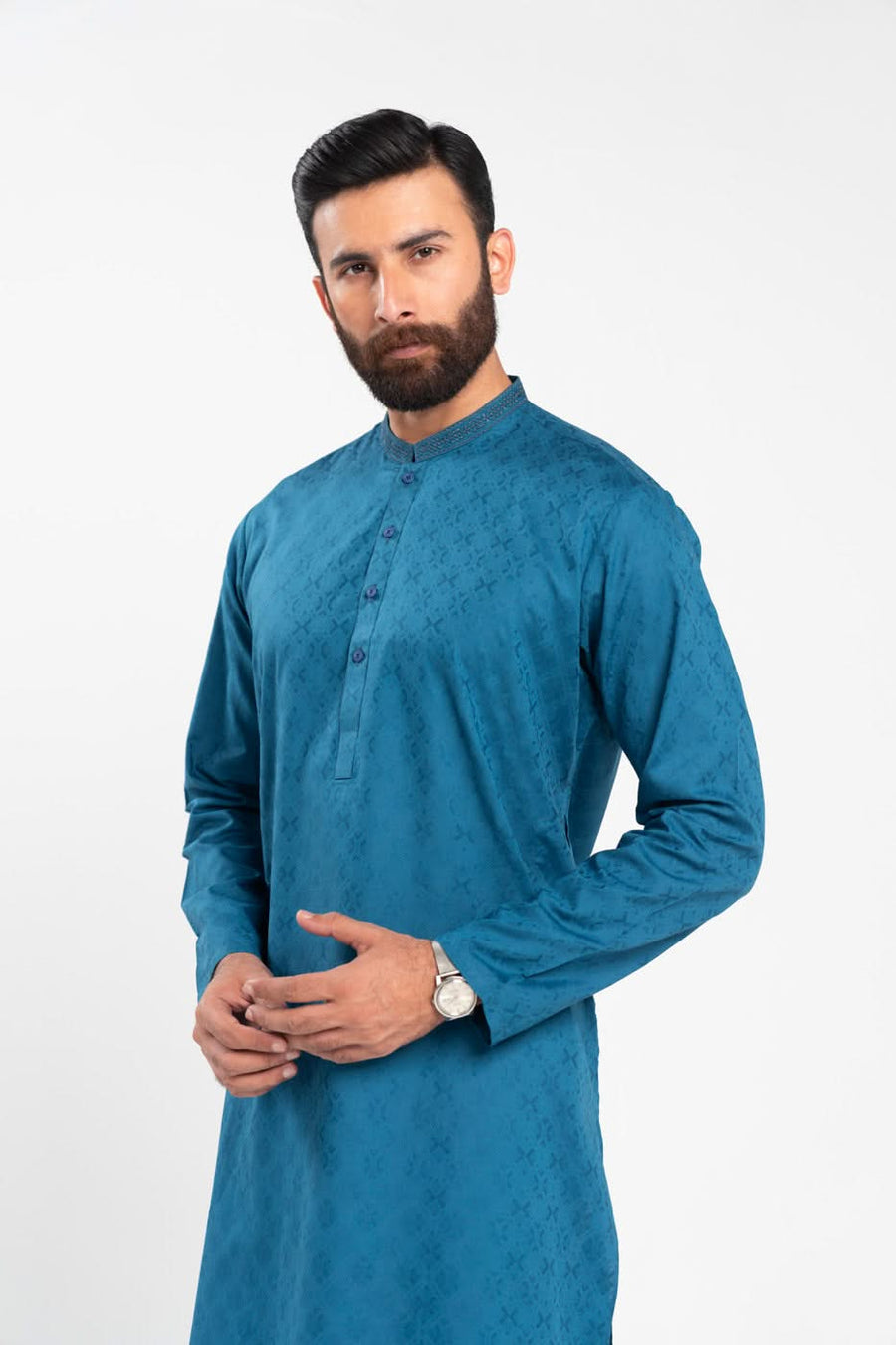 Teal Jacquard 2-Piece Kurta | Band Collar Artisan