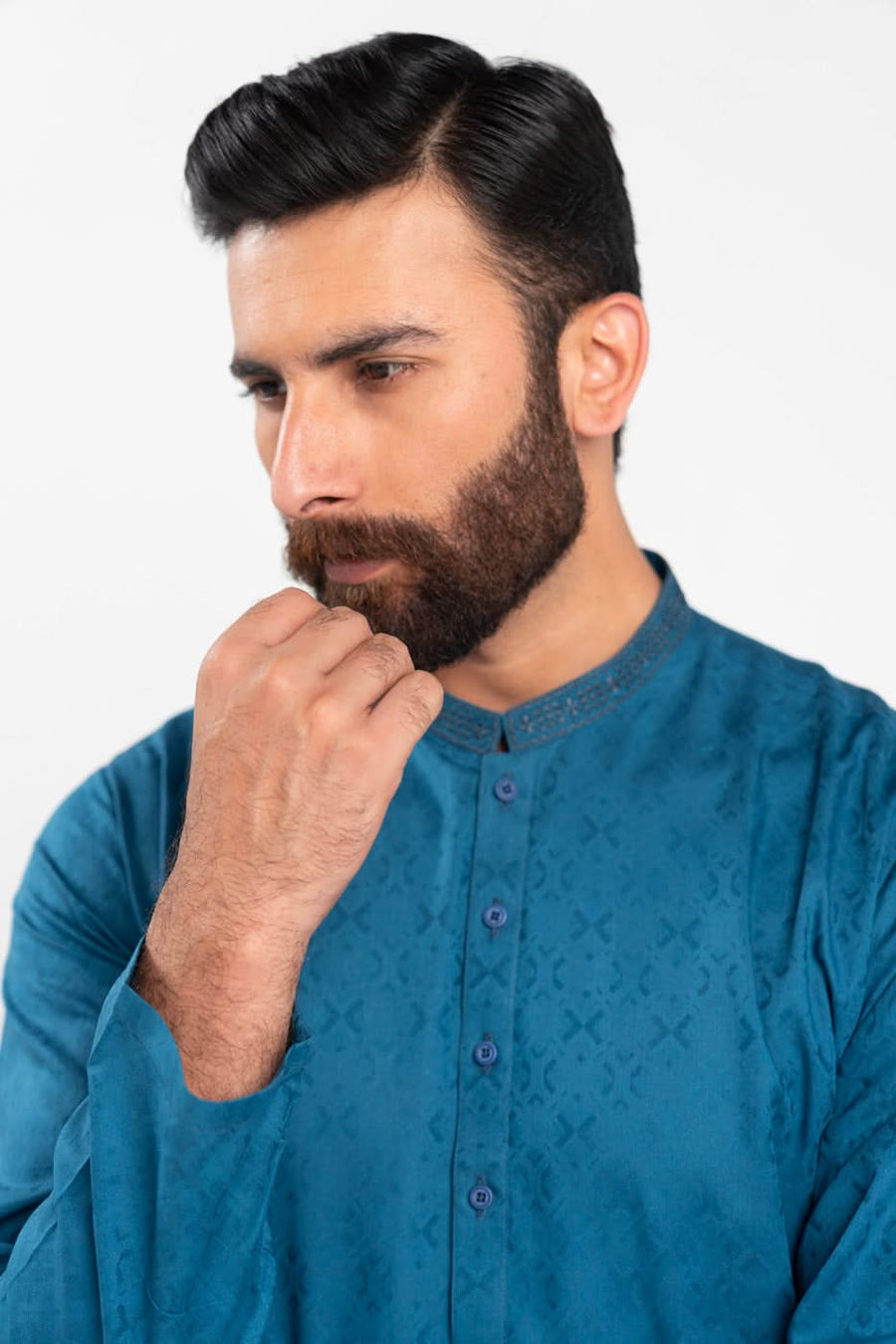 Teal Jacquard 2-Piece Kurta | Band Collar Artisan