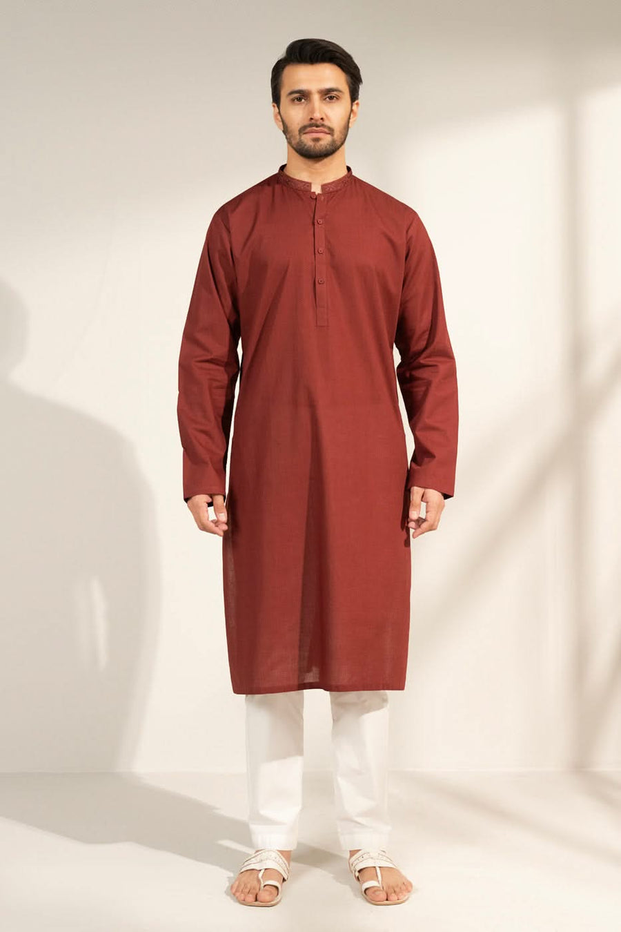 Rust Silk Kurta | Hand-Embroidered Placket & Yoke