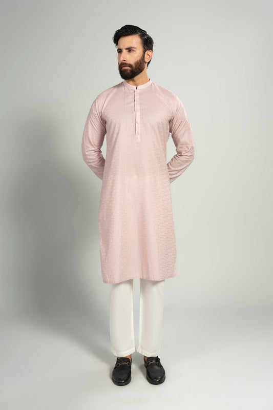 Dusty Rose Jacquard 2-Piece Kurta | Band Collar