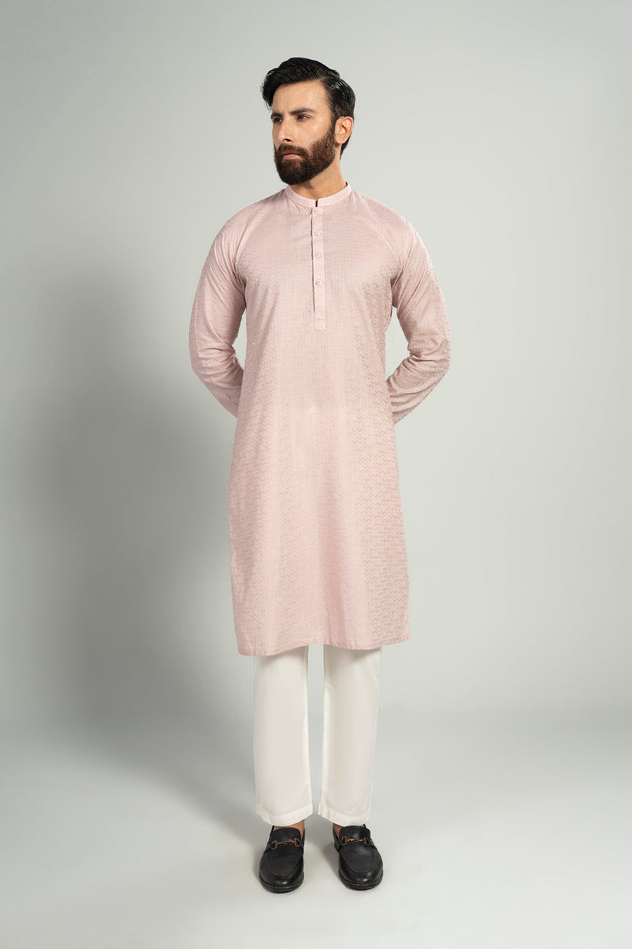 Dusty Rose Jacquard 2-Piece Kurta | Band Collar