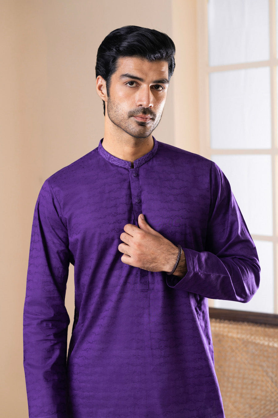 Plum Organic Cotton Kurta | Band Collar 2-Piece Set