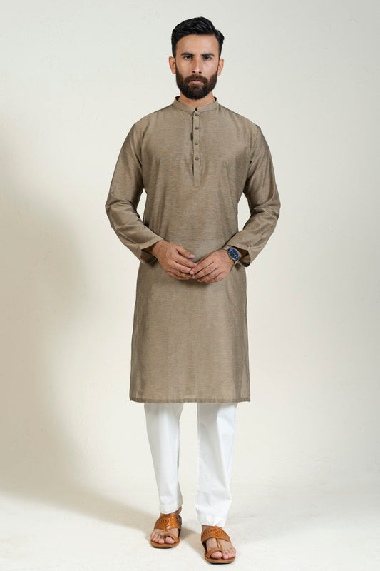 Taupe Cotton 2-Piece Kurta | Band Collar Yarn-Dyed