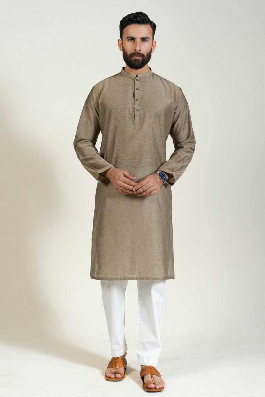 Taupe Cotton 2-Piece Kurta | Band Collar Yarn-Dyed
