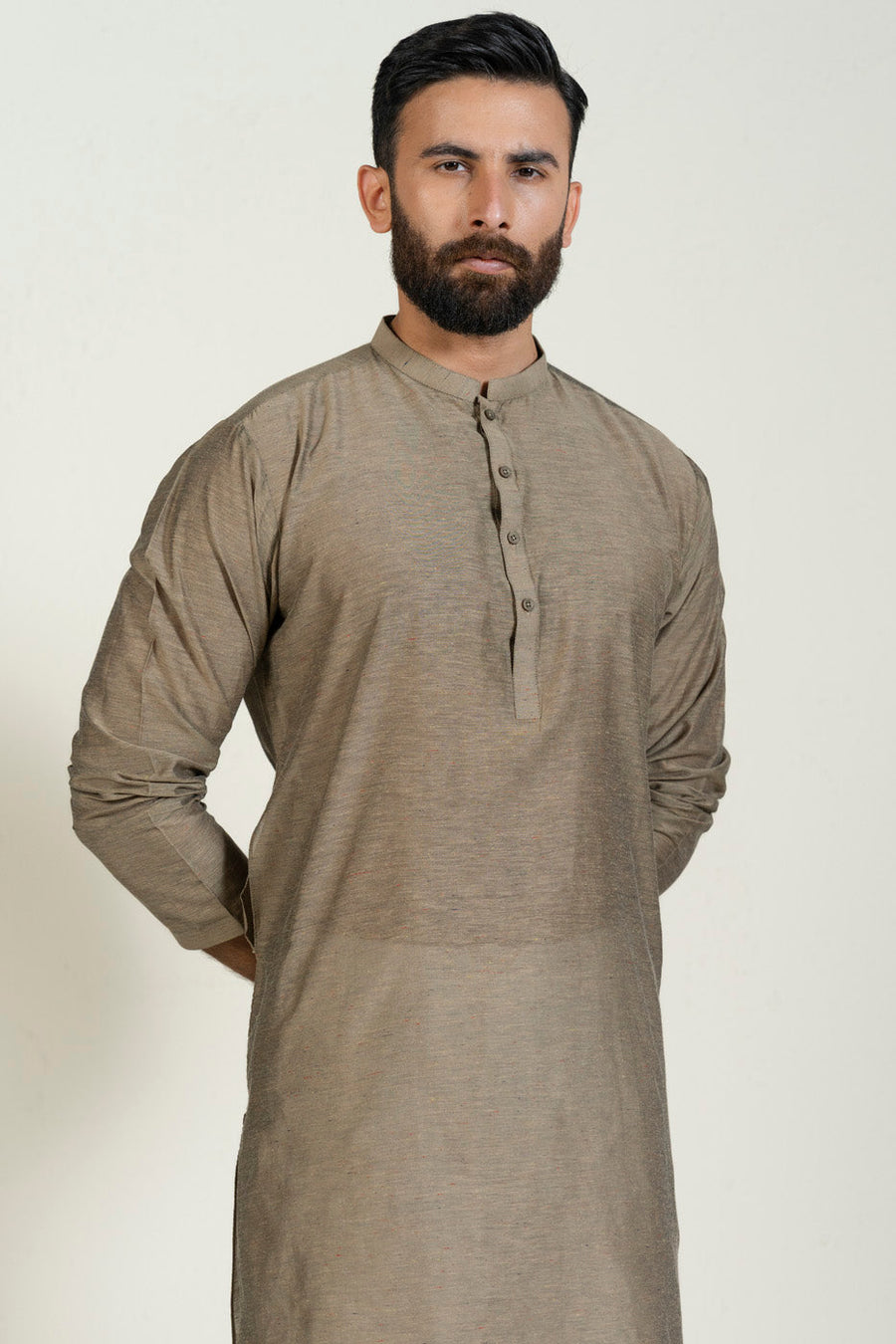 Taupe Cotton 2-Piece Kurta | Band Collar Yarn-Dyed