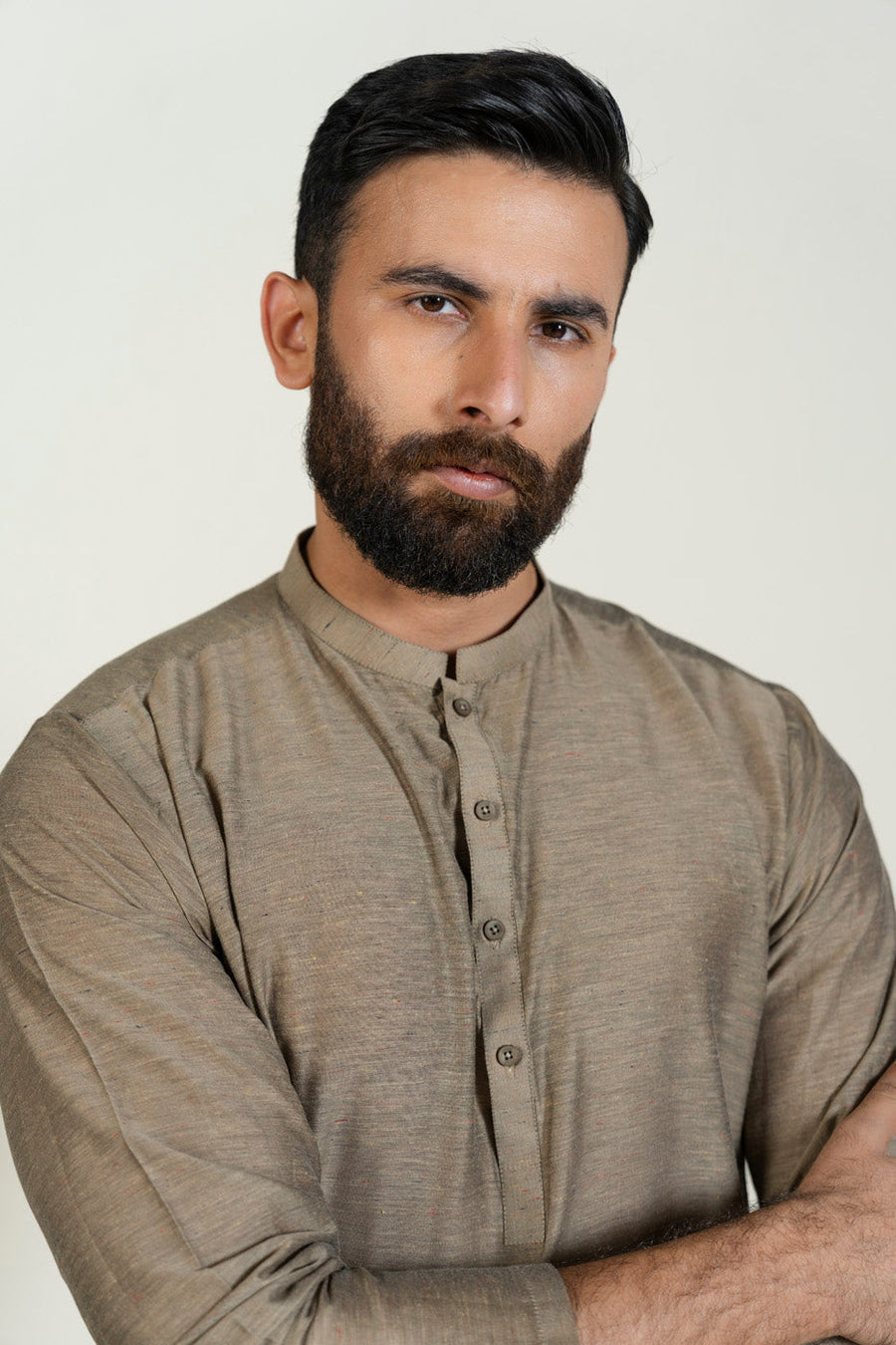 Taupe Cotton 2-Piece Kurta | Band Collar Yarn-Dyed