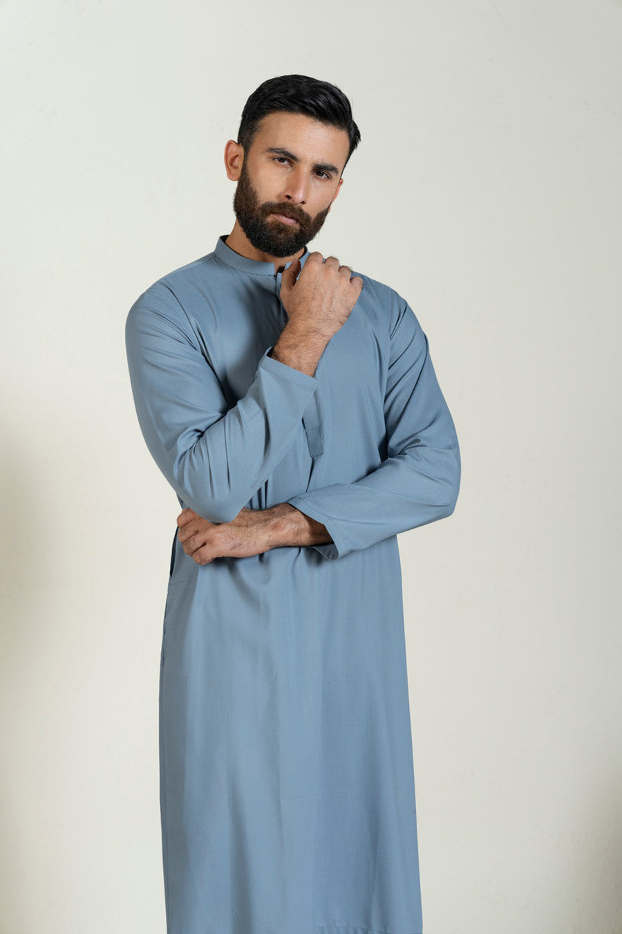 Slate Blue Silk Blend 2-Piece Kurta | Band Collar