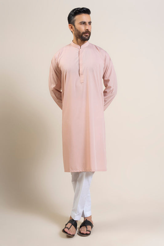Tea Pink Mulberry Silk 2-Piece Kurta | Mandarin Collar