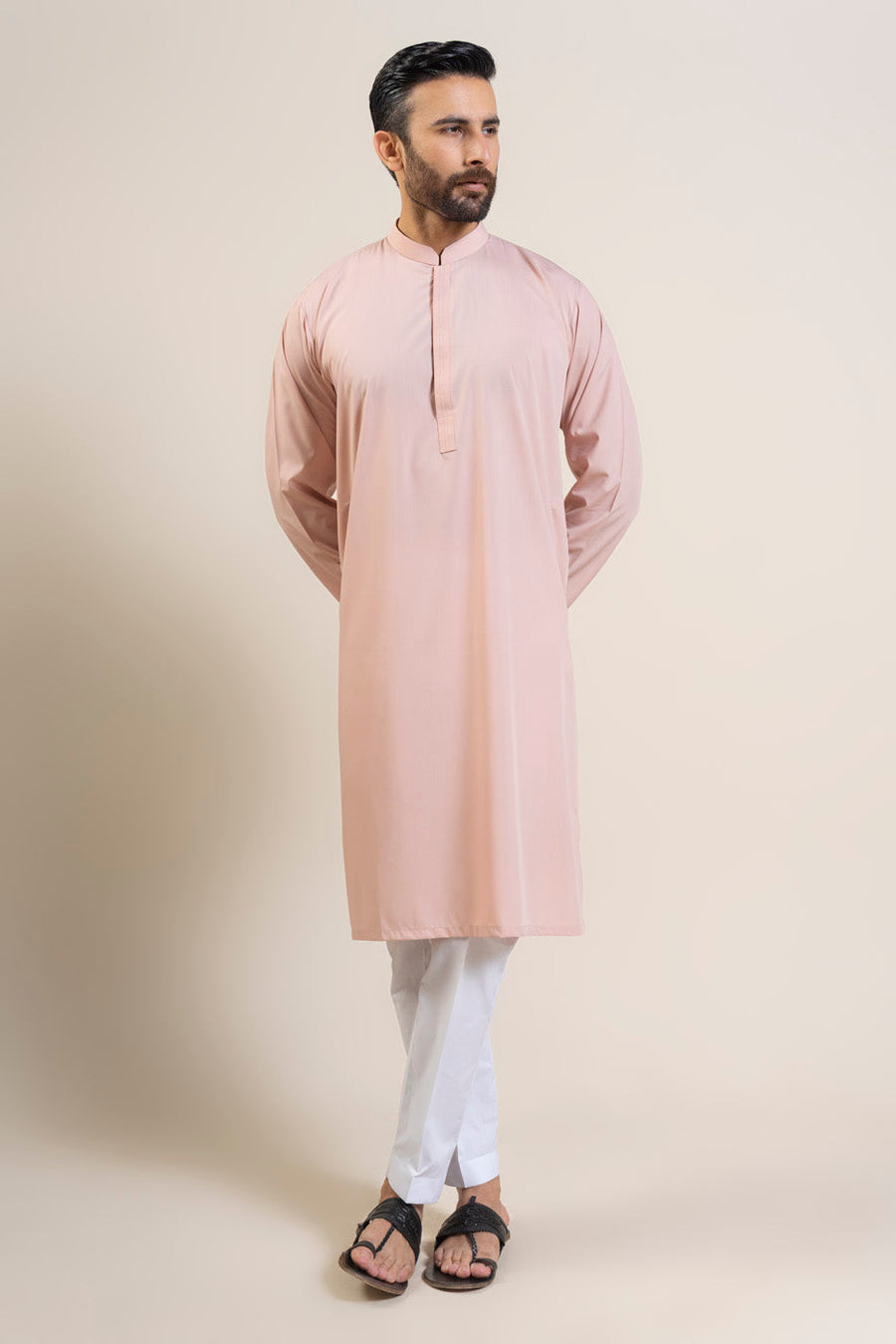 Tea Pink Mulberry Silk 2-Piece Kurta | Mandarin Collar