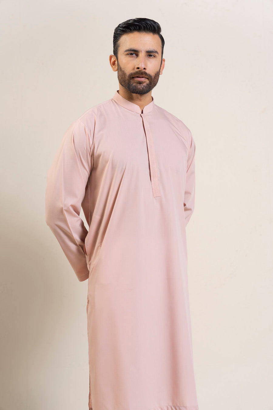 Tea Pink Mulberry Silk 2-Piece Kurta | Mandarin Collar